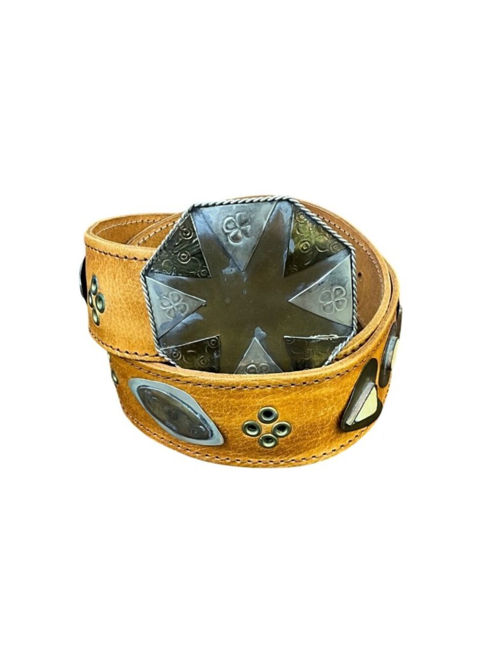 Vintage Tan Leather Belt With Silver-Tone Metal Buckle & Decorative Accents